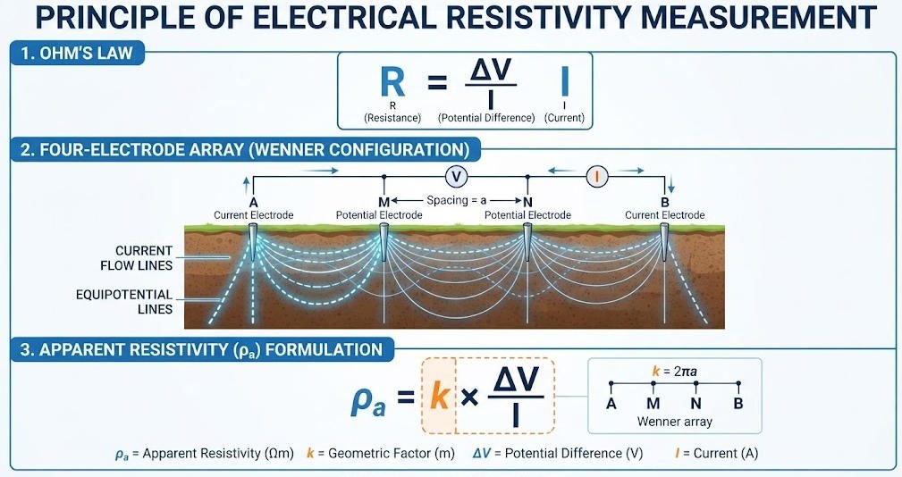 Technical diagram showing Ohm's Law application in ERT geophysics and apparent resistivity calculation with geometric factor