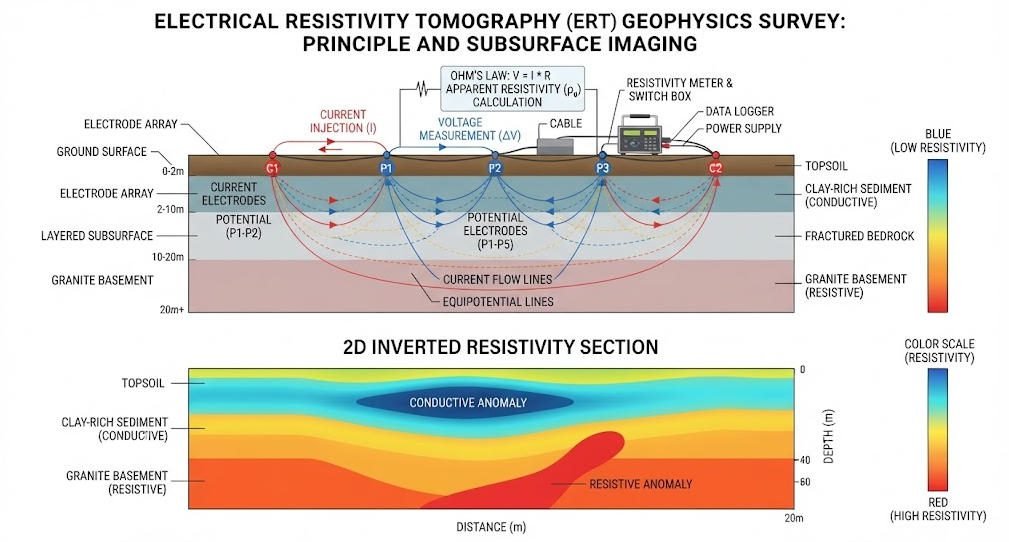 Diagram illustrating ERT geophysics principle showing current flow through subsurface layers with varying resistivity values