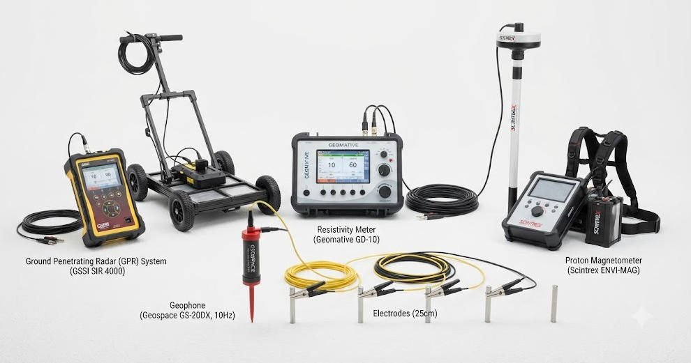 Professional geophysical instruments including resistivity meter, GPR antenna, proton magnetometer and seismic geophone for subsurface exploration