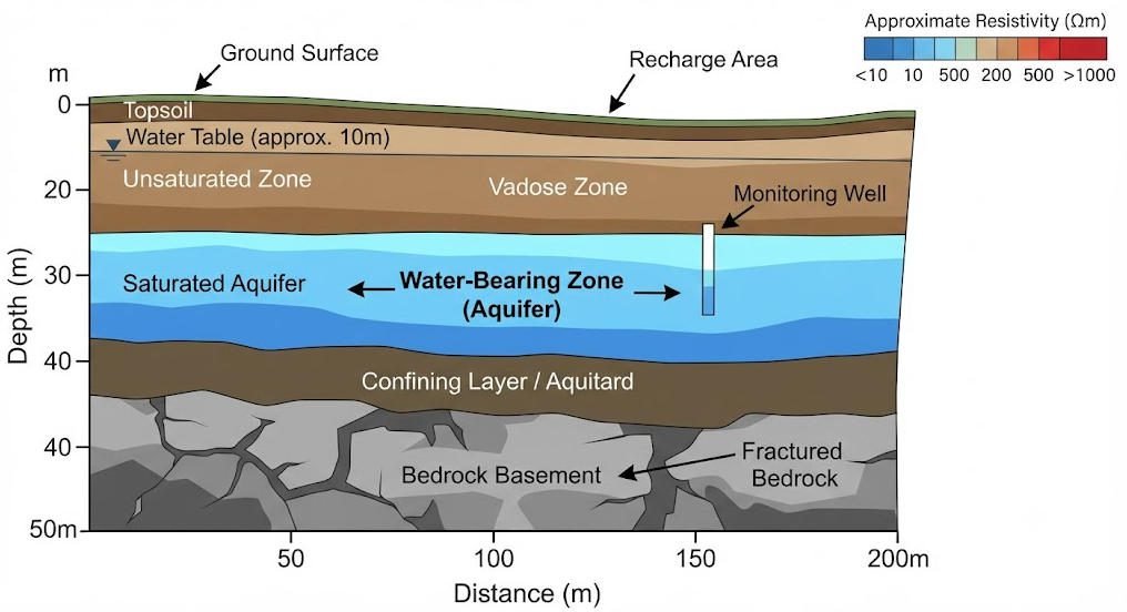 Groundwater survey interpretation showing 2D aquifer model cross-section with resistivity values and water-bearing zones