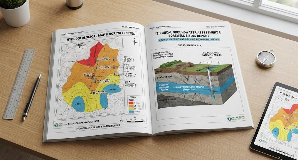 Groundwater survey report map showing recommended drilling points with GPS coordinates and aquifer depth contours