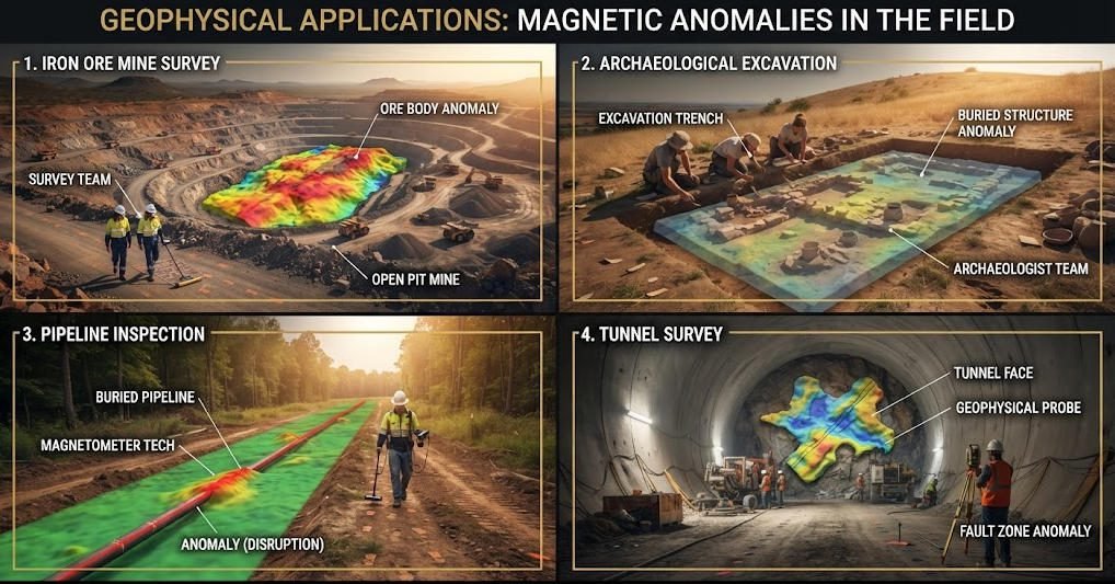 Magnetic survey applications including mineral exploration archaeology and environmental monitoring