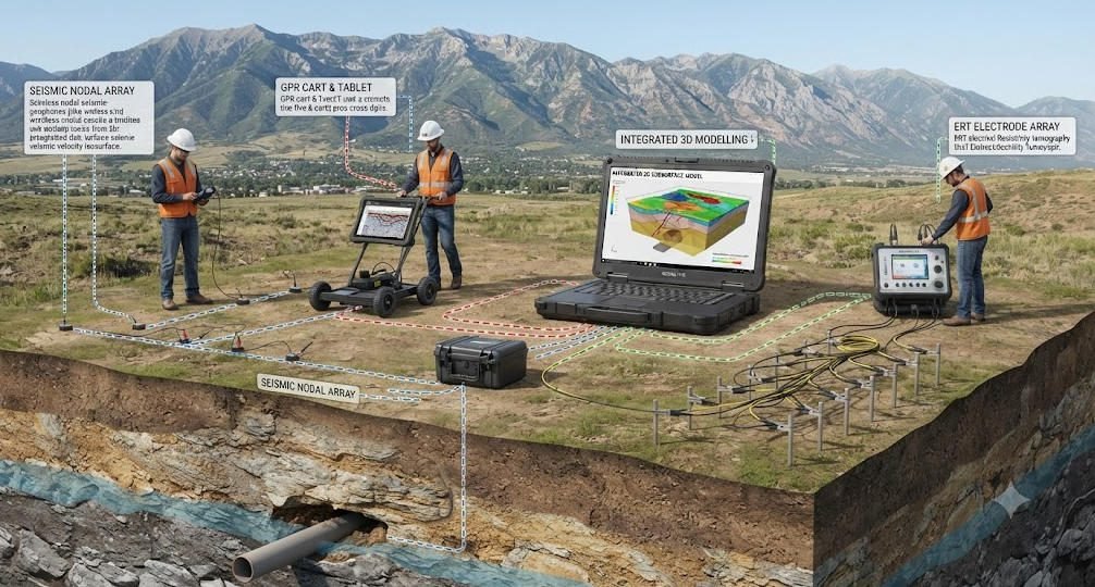 Integrated multi-method geophysical survey showing wireless nodal seismic array, GPR cart and ERT electrodes collecting data simultaneously in field