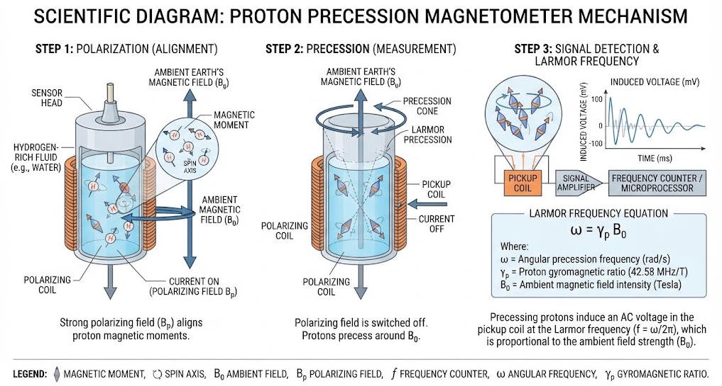 Proton precession principle diagram showing hydrogen atoms aligning with magnetic field