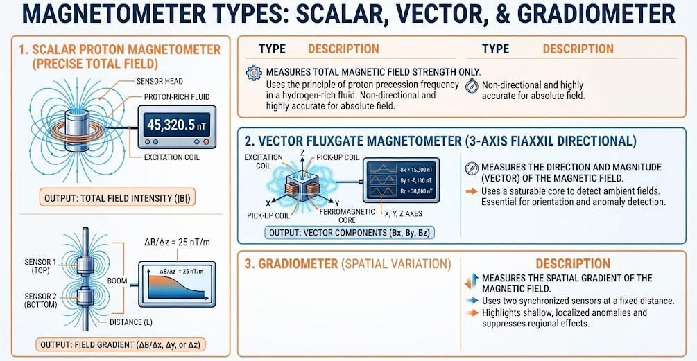 Diagram comparing scalar vector and gradiometer magnetometer types for geophysical applications