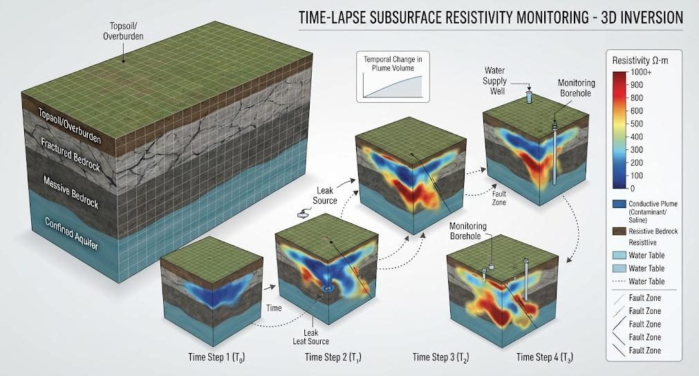 4D electrical resistivity monitoring model showing subsurface changes over time