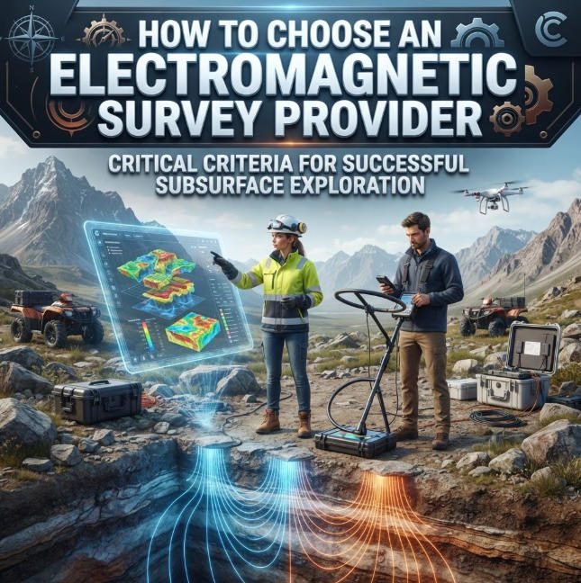 Illustrating professional geophysicists conducting an electromagnetic geophysical survey