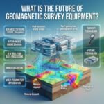 Panoramic 3D infographic banner (3:1) titled 'WHAT IS THE FUTURE OF GEOMAGNETIC SURVEY EQUIPMENT?'. Illustrates an integrated network of next-generation drone, UUV, and rover-mounted sensor swarms, AI data processing, and a detailed subsurface geological cutaway with highlighted magnetic anomalies.