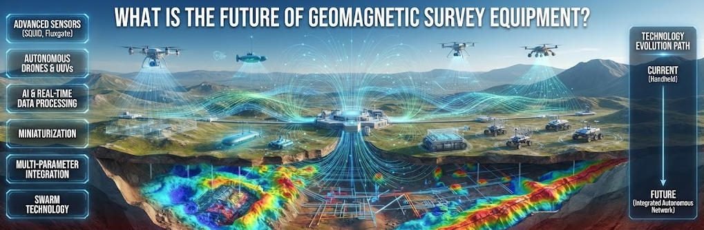 3D infographic banner (1:1) titled 'WHAT IS THE FUTURE OF GEOMAGNETIC SURVEY EQUIPMENT?'. Shows an advanced multi-sensor array, autonomous drones, AI data processing, and subsurface anomaly visualization with color-coded magnetic intensity for mineral deposits and faults.