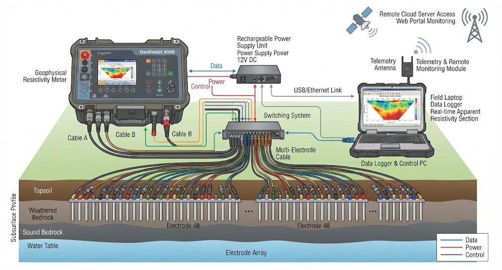 Automated geoelectrical monitoring system with resistivity instrument, electrode cables, and data acquisition unit