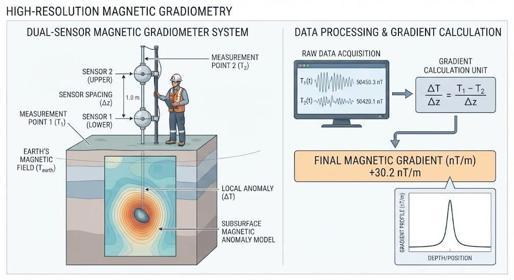 Diagram showing two proton magnetometer sensors measuring magnetic field differences