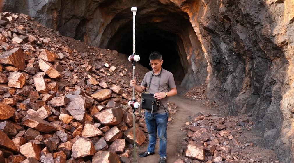 Geophysical survey team using a dual-sensor proton magnetometer for mineral exploration