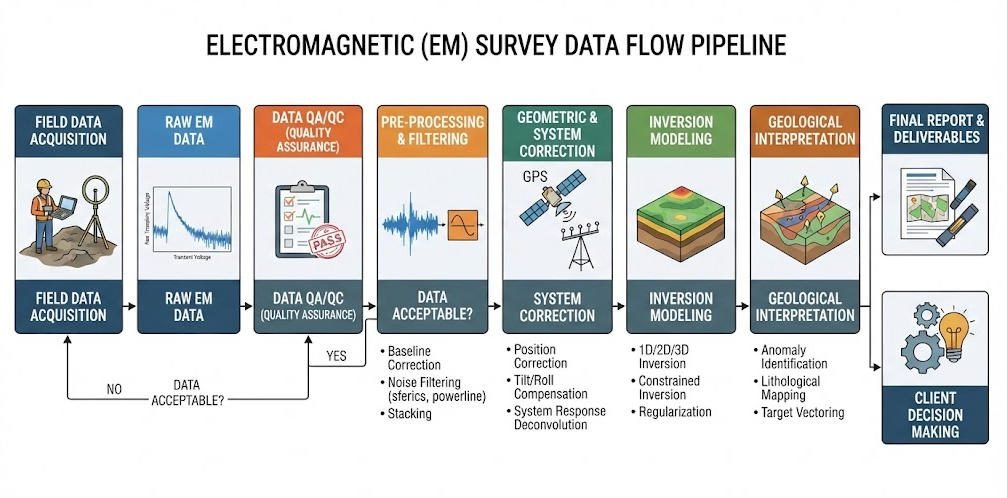 Electromagnetic survey data processing and inversion pipeline diagram