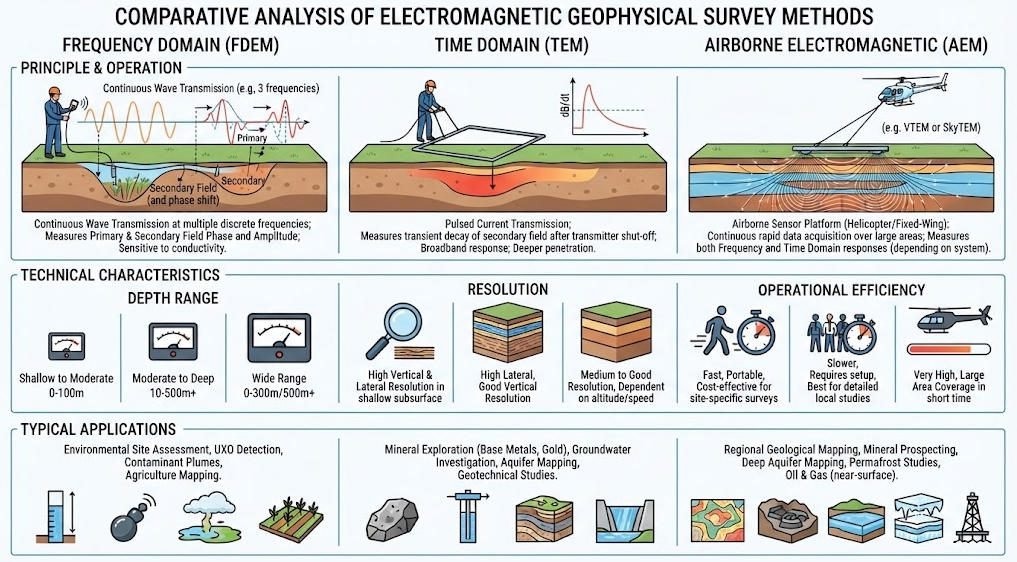 Comparison of frequency-domain, time-domain and airborne electromagnetic geophysical survey methods