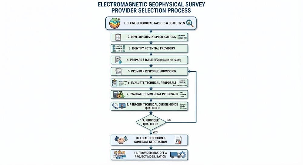 Step-by-step electromagnetic geophysical survey provider selection
