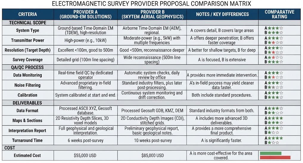 Side-by-side comparison matrix of two EM survey provider proposals