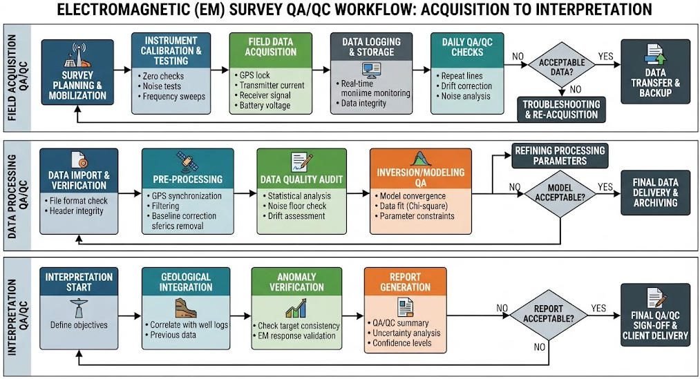 EM survey field and processing QA/QC workflow diagram