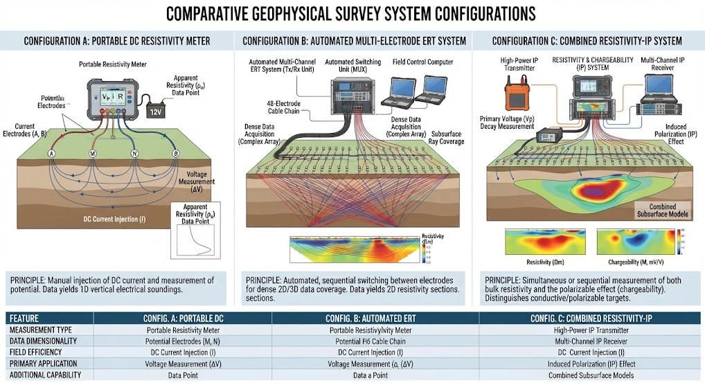 Comparison of a resistivity-only meter, multi-electrode ERT system, and integrated IP system