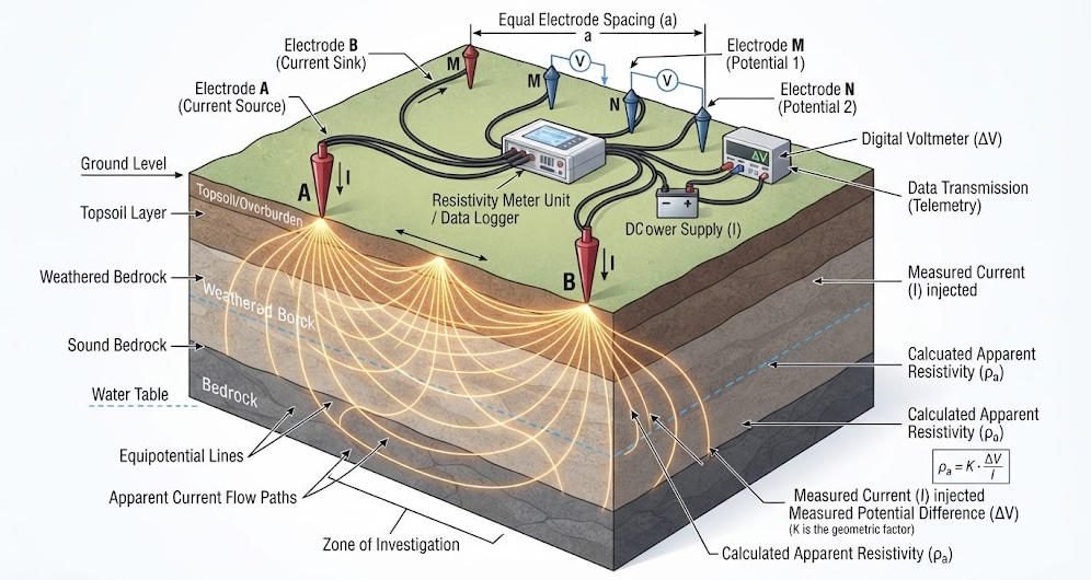 Four-electrode geoelectrical monitoring setup showing current and potential electrodes