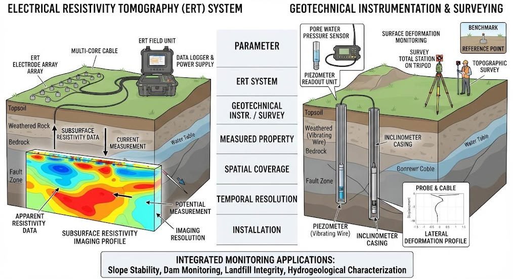 Comparison of geoelectrical monitoring and traditional geotechnical instruments