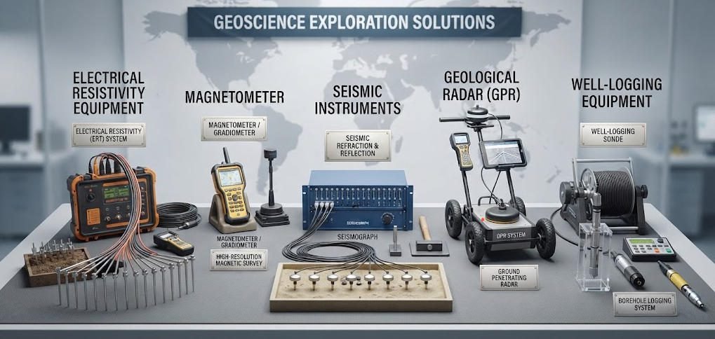 Geotech geophysical exploration equipment portfolio covering electrical, magnetic, seismic, radar, and well-logging instruments.