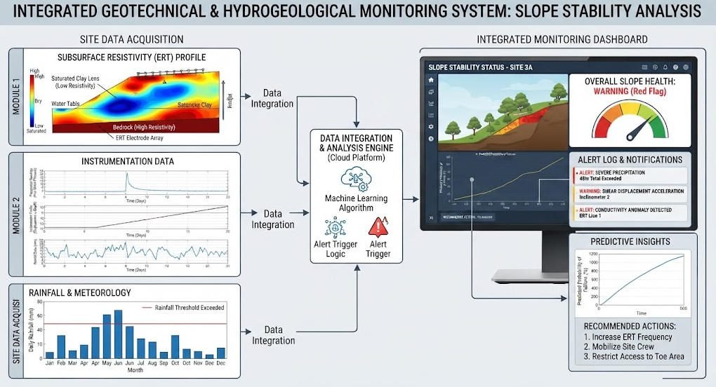 Integrated monitoring workflow combining ERT, groundwater, pore pressure, and deformation data