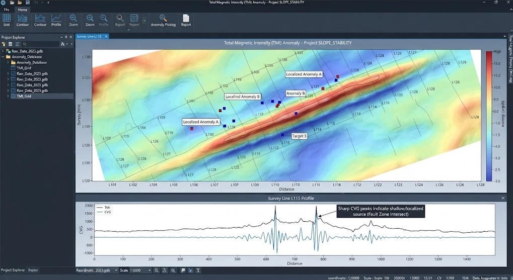 Magnetic gradient survey map and magnetic anomaly profile generated from field measurements