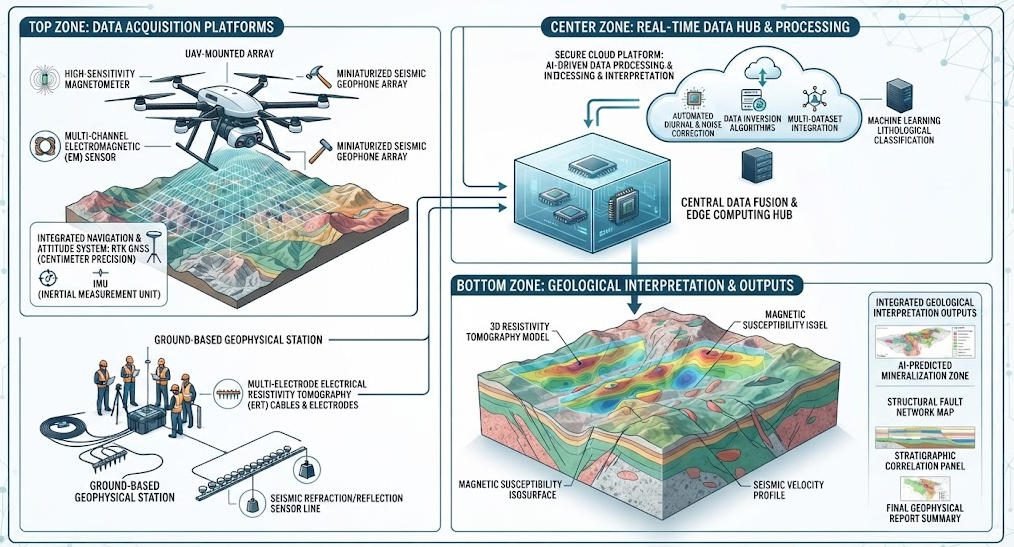 Multi-sensor geomagnetic survey system with GNSS and AI
