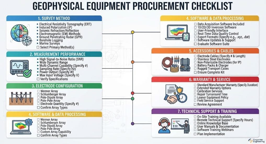 Resistivity meter buying checklist covering survey method, channel capacity, software, and support
