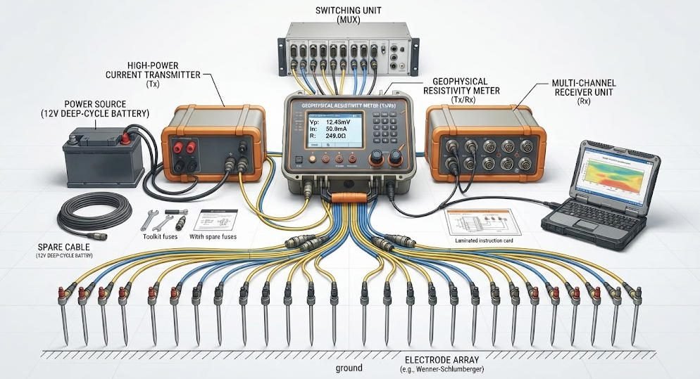 Main components of a resistivity survey system including meter, cables, electrodes, and switching unit