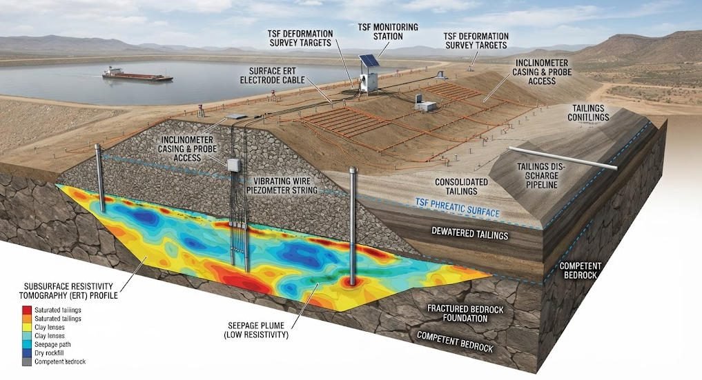 Integrated tailings dam monitoring with ERT electrodes, piezometers, and deformation sensors