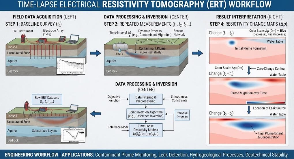 Time-lapse electrical resistivity tomography workflow from baseline survey to repeated monitoring
