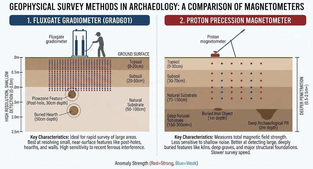 Fluxgate vs proton magnetometer comparison for archaeological survey